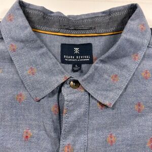 Roark Revival Geometric Aztec AOP Shirt Mens L Blue Short Sleeve Button Up Dobby